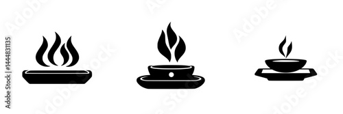 Silhouette pictograms of incense burners with smoke in various styles for design elements