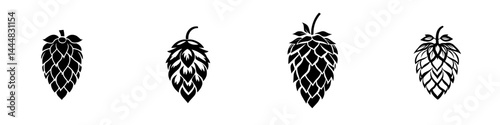 Isolated vector icons set featuring four different hop cone silhouettes for brewing and agriculture use