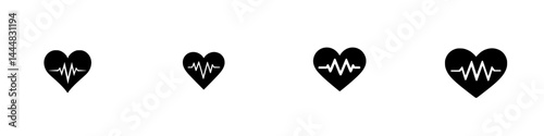 Silhouette pictogram icons depicting heart symbols with varying pulse waves representing health and wellness concepts
