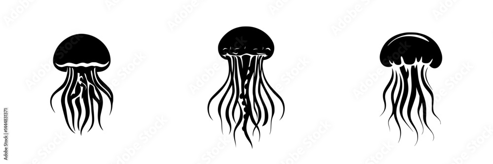 Silhouette pictogram icons set featuring diverse jellyfish designs in black and white on a plain background Silhouette pictogram icons set featuring diverse jellyfish designs in black and white on a plain background