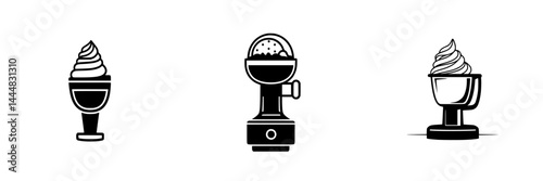 Unique collection of silhouette pictograms showcasing different ice cream desserts and a soft serve machine in black and white style