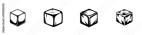 Ice cube shapes represented as silhouette pictograms showcasing various angles and characteristics in a minimalist design