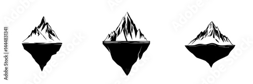 Expressions of nature through silhouetted mountain and iceberg pictograms showcasing unique forms and contrasting landscapes