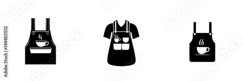 Silhouette pictograms of aprons designed for coffee shops and catering services showcasing various cup designs