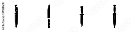 Silhouette pictograms of various knife designs suitable for diverse applications and artistic representations in a minimalistic style