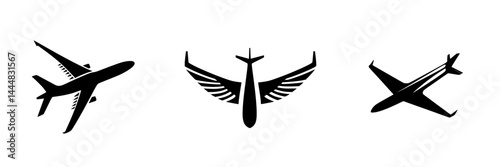 Collection of silhouette pictograms depicting various airplane designs in flight