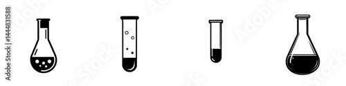 Silhouette pictogram icons representing various laboratory glassware used in scientific experiments and research activities