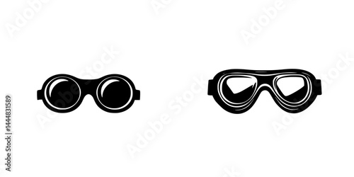 Silhouette pictograms of various types of goggles suitable for activities like sports, construction, and safety