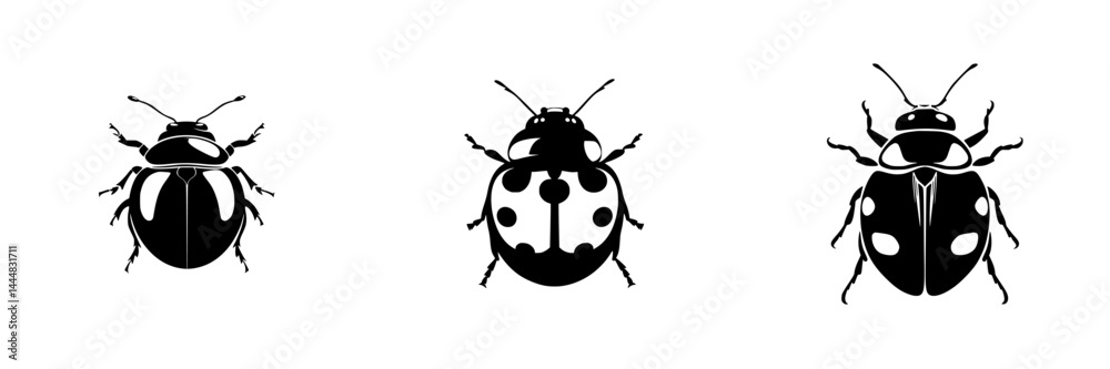 Collection of silhouettes depicting various ladybug designs in black vector format on a white background