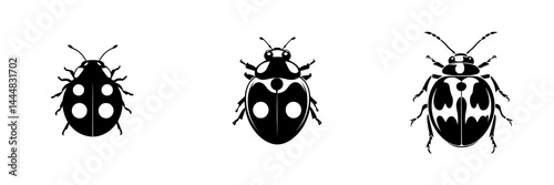 Silhouette pictograms of ladybugs in isolated vector icons showcasing distinctive patterns and designs