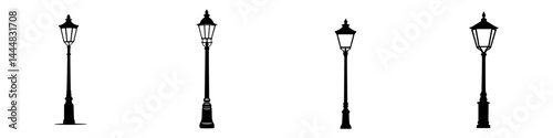 Silhouette pictograms of classic street lamps showcasing various designs and styles for urban environments