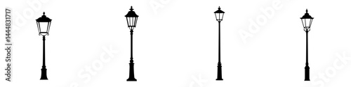 Silhouette pictogram collection featuring various historical street lamp designs for urban landscapes