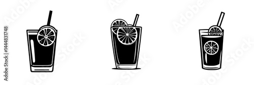 Creative vector icons representing drink silhouettes with slices of citrus fruit and straws for various beverage types