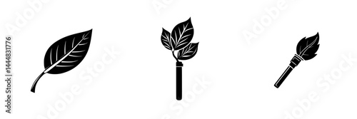 Silhouette pictogram icons representing nature and sustainability with leaves and a plant in a cylindrical container