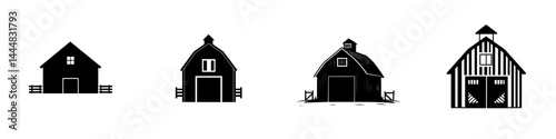 Silhouette pictograms of various barn designs showcasing diverse shapes and structures in agricultural settings