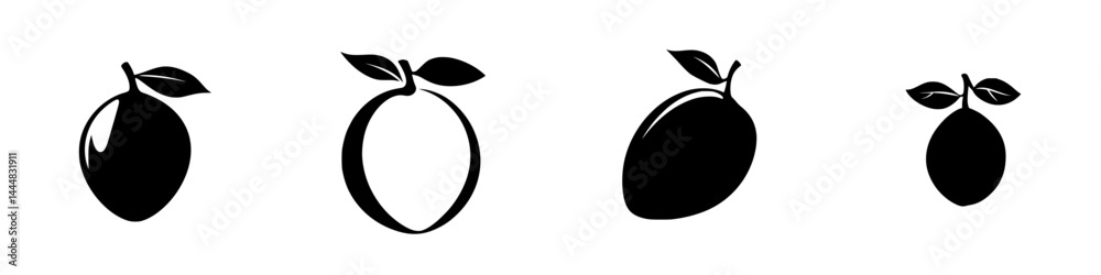 Fototapeta premium Silhouette pictogram of various fruits including lime, orange, and mango in isolated vector design for use in graphic projects