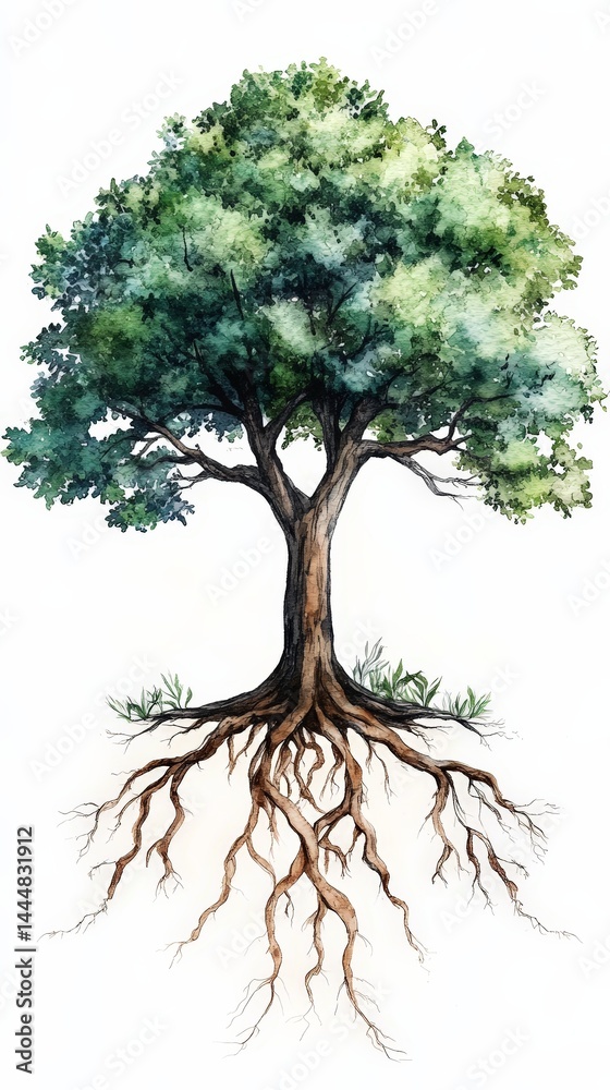 Symbolic Watercolor Tree with Visible Roots Representing Nature's Connection