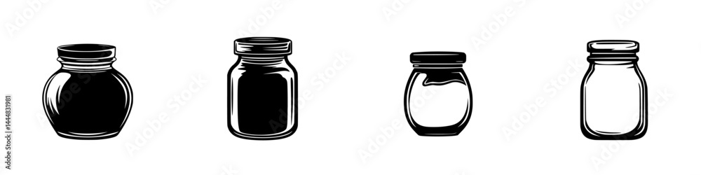 Silhouette pictogram icon set of various jars in black and white design isolated on white background for graphic use Silhouette pictogram icon set of various jars in black and white design isolated on white background for graphic use