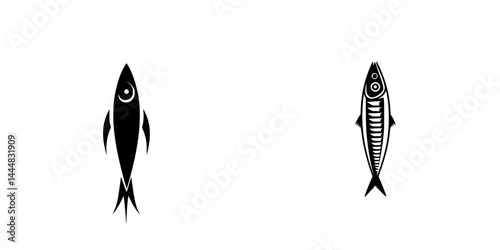 Collection of black silhouette pictograms depicting different fish shapes for graphic design applications and educational materials