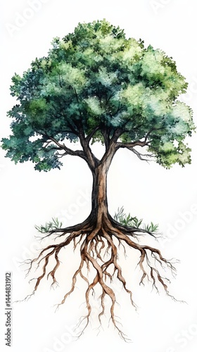 Obraz na płótnie Symbolic Watercolor Tree with Visible Roots Representing Nature's Connection w salonie