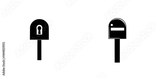 Silhouette pictogram of isolated mailbox designs depicting locked and open mailboxes for communication themes