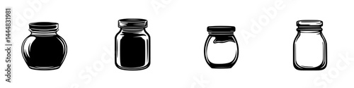 Silhouette pictogram icon set of various jars in black and white design isolated on white background for graphic use