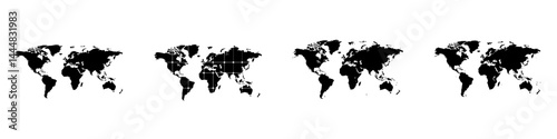 Silhouette pictogram icons depicting a world map with distinct regions and features for various applications