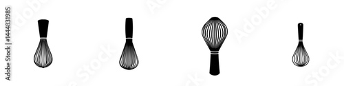 Silhouette pictogram set of kitchen utensils featuring various types of whisks for culinary design projects
