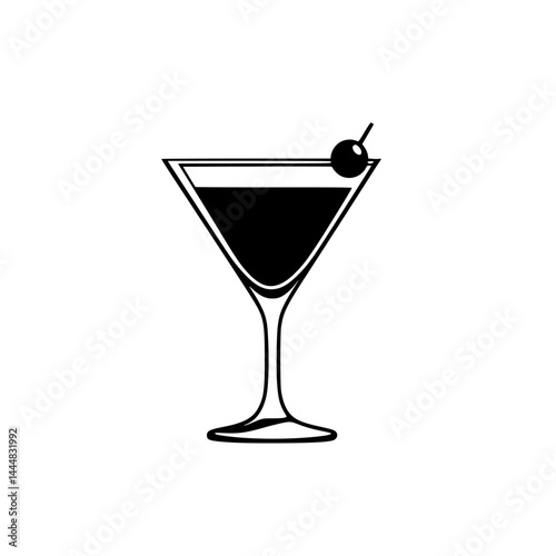 Silhouette pictogram of a cocktail glass with cherry on top in black and white design for bar and party related themes