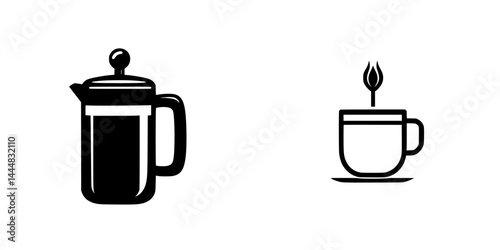 Silhouette pictograms of French press and coffee cup representing coffee culture and beverage enjoyment