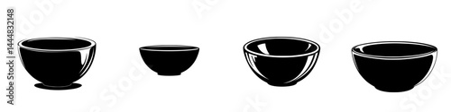 Collection of silhouette pictograms representing various bowl designs in different sizes and shapes for versatile kitchen use