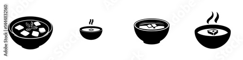 Silhouette pictograms of various soup bowls displaying unique steaming designs and contents for culinary representation