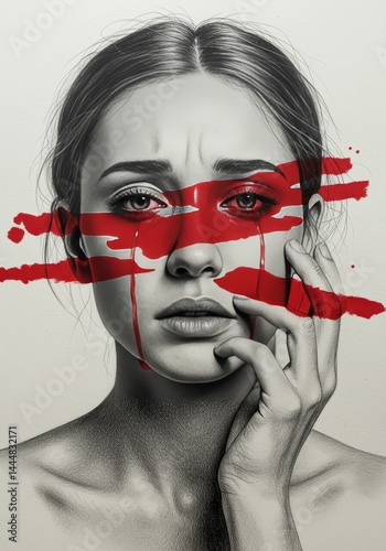 Powerful monochrome portrait intense red strokes depict raw emotion vulnerability breathtaking artistry