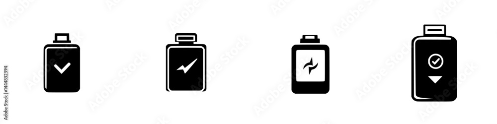 Silhouette pictogram set isolated showing various battery icon designs for energy level indications and charging status Silhouette pictogram set isolated showing various battery icon designs for energy level indications and charging status