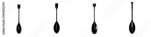 Collection of isolated silhouette pictograms showing various styles of paddles for water sports activities