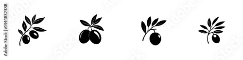 Silhouette pictogram set of olive branches with varying numbers of olives in a minimalistic style