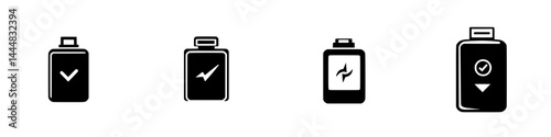 Silhouette pictogram set isolated showing various battery icon designs for energy level indications and charging status