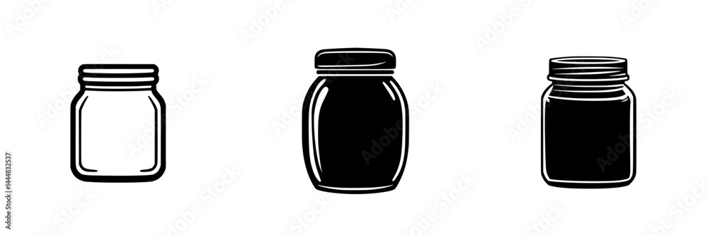 Silhouette pictogram vector icons set featuring various jar designs for diverse packaging and storage concepts Silhouette pictogram vector icons set featuring various jar designs for diverse packaging and storage concepts