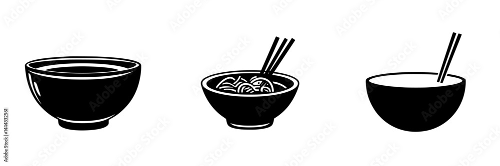 Silhouette pictograms of various bowls with chopsticks showcasing Asian cuisine dining options Silhouette pictograms of various bowls with chopsticks showcasing Asian cuisine dining options
