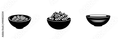 Silhouette pictogram set featuring various styles of bowls with noodles and side dishes for culinary and restaurant design