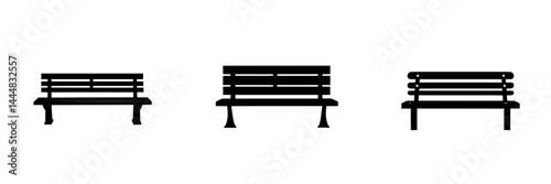 Collection of black silhouette pictograms depicting various bench designs suitable for urban environments and public spaces