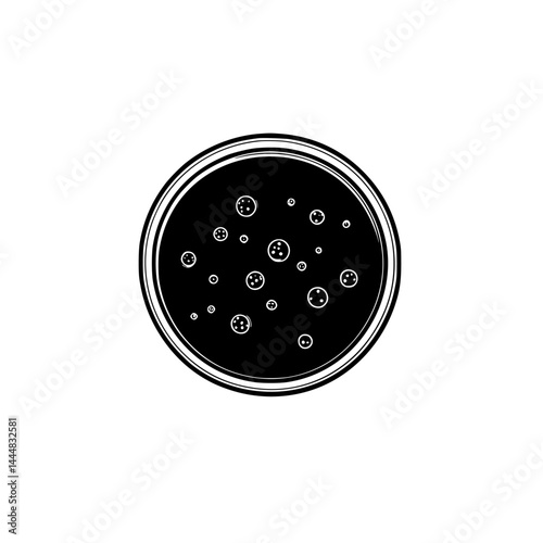 Silhouette pictogram of a round container filled with bubbles representing various liquids and substances in a minimalist design