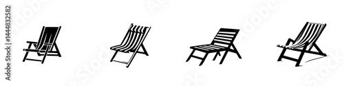 Silhouette pictograms depicting various styles of outdoor lounge chairs for relaxation and leisure activities
