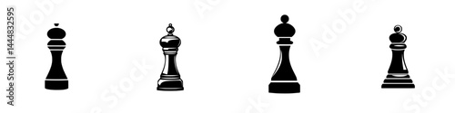 Silhouette pictogram icons of chess pieces featuring king, queen, rook, and pawn in a minimalist design for game-related themes