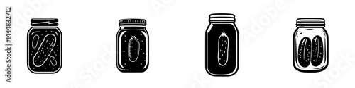 Collections of  silhouette pictograms representing various styles of pickles in jars for culinary graphics and food design