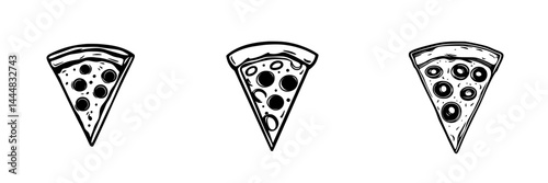 Various pizza slice silhouettes showcasing distinctive toppings in a minimalist design for culinary themes and menus
