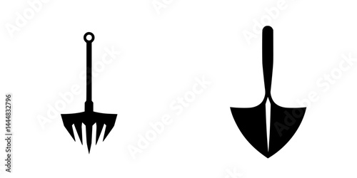 Silhouette pictograms of gardening tools, rake and shovel, designed for various applications in agriculture and landscaping