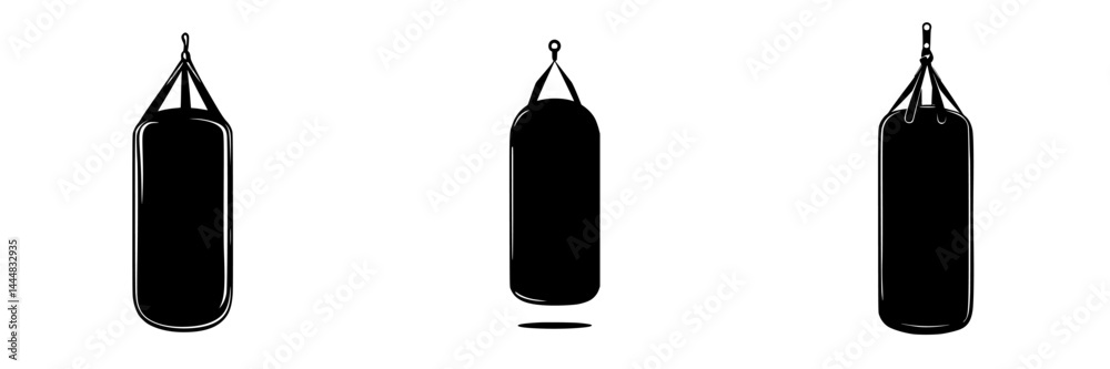 Collection of silhouette pictogram designs showcasing different angles of a punching bag used in fitness and boxing activities Collection of silhouette pictogram designs showcasing different angles of a punching bag used in fitness and boxing activities