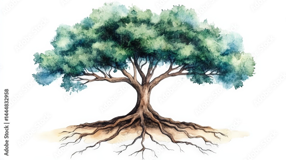 Symbolic Watercolor Tree with Visible Roots Representing Nature's Connection