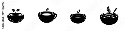 Set of silhouette pictograms representing plants, cups, and bowls for culinary and botanical themes
